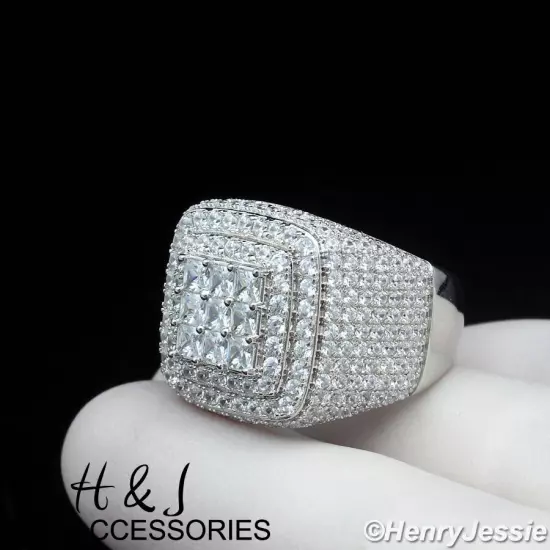 MEN SOLID 925 STERLING SILVER ICY BLING BAGUETTE CZ HIP HOP 3D SQUARE RING*SR190