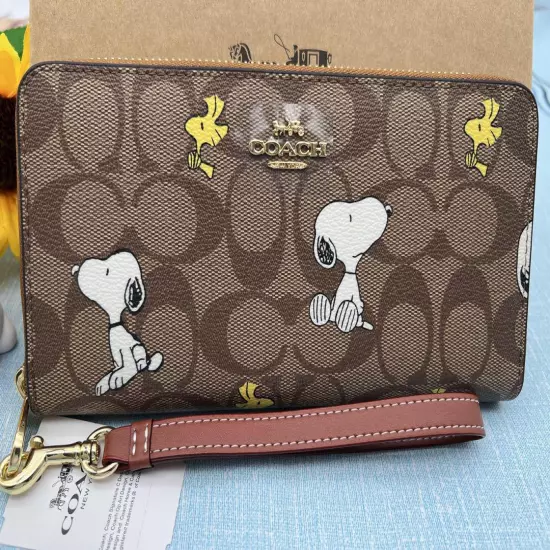 COACH x PEANUTS Long Zip around Wallet Snoopy Woodstock Khaki Signature F/S