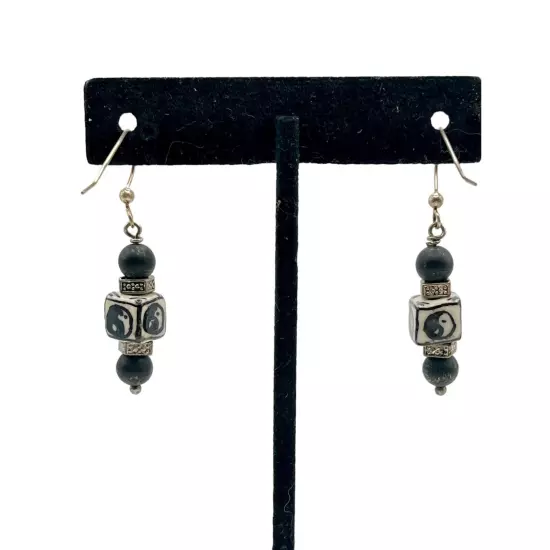 Handmade Sterling Silver Yin Yang Beaded Dangle Earrings Black Zen Hippie Boho