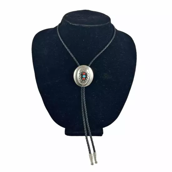 Vtg Bolo Tie Black Cord Silvertone Oval Cut Out Red & Blue Stones