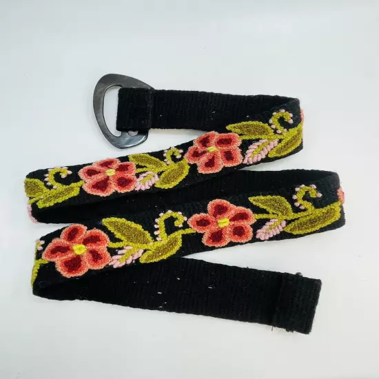 Embroidered Peru Wool BELT Black Floral Boho Hippie HORN BUCKLE Adjustable 44"