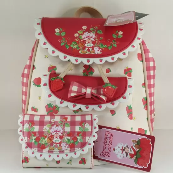 Strawberry Shortcake Gingham Mini Backpack Bag & Wallet Cardholder Set New