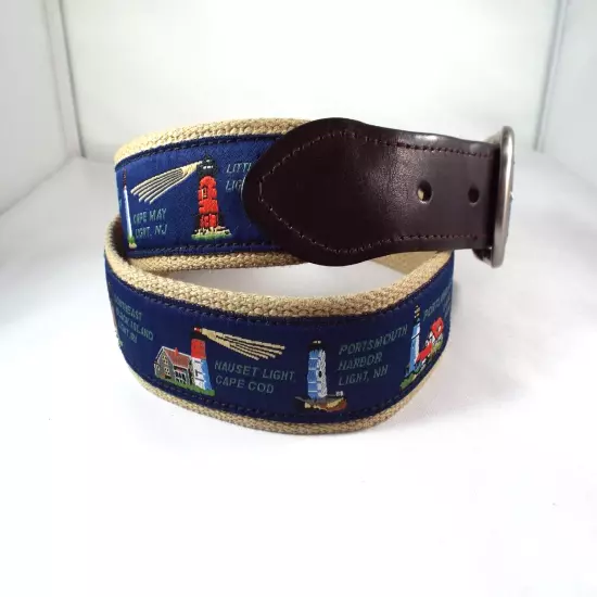 EUC The Belted Cow Co. East Coast Lighthouse Leather/Cotton 1 3/8" Belt Sz 36