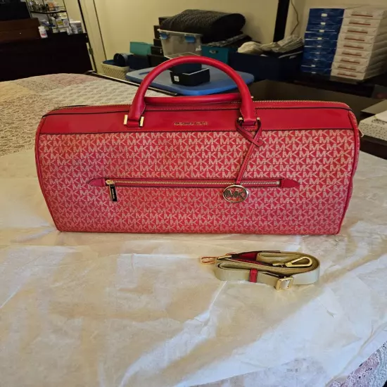 Michael Kors Travel XL Duffle Bag Signature MK Bright Red Gold