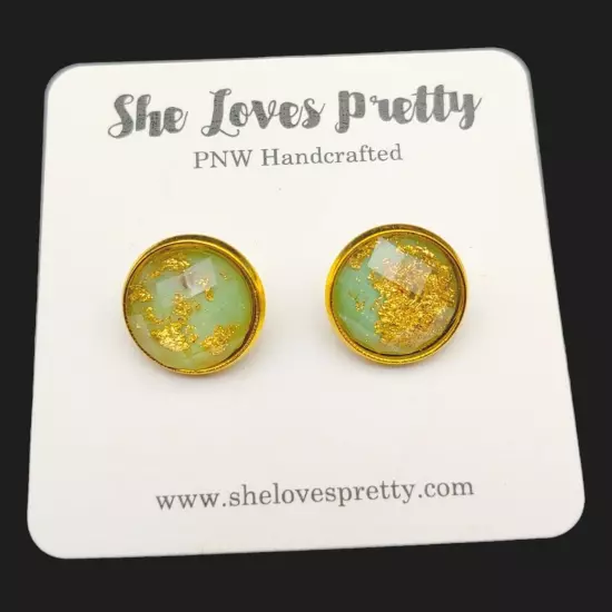 Handcrafted Green & Gold Plated Stud Post Earrings - Small Round Faceted Sparkly