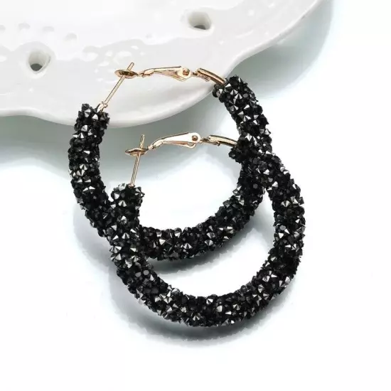 Sparkly Black White Fire Statement Hoop Fashion Shiny Shinny Crystal Earrings