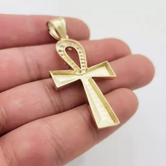 Mens Egyptian Ankh Cross Pendant 10k Yellow Gold Cross Charm Pendant 2 inch