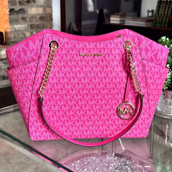 Michael Kors Jet Set Travel Large Chain Shoulder Tote MK Logo Bag Electric Pink