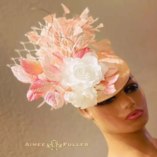 Kentucky Derby Fascinator Pink Satin Ivory White Rose Hat Royal Ascot Bridal Hat