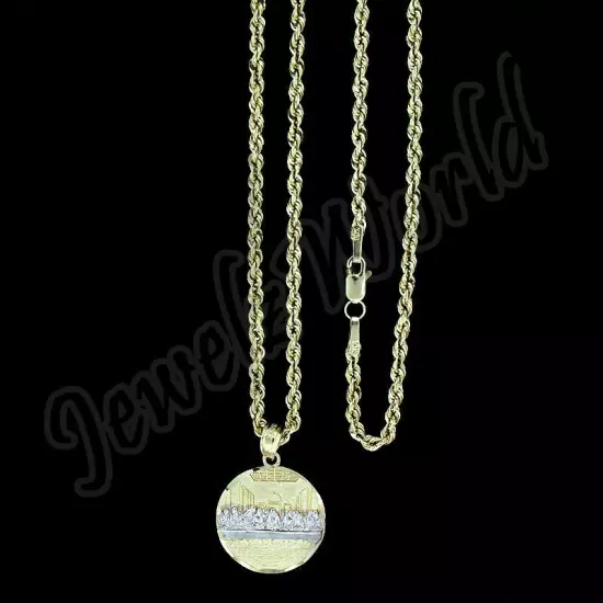 10K Yellow Gold Last Supper Jesus Charm Pendant With 2mm Rope Chain Necklace Set