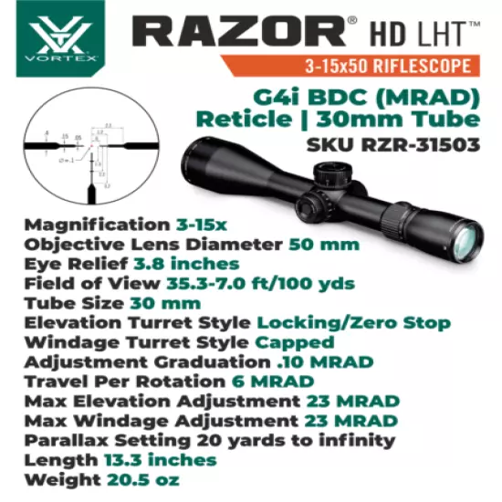 Vortex Optics Razor HD LHT 3-15x50 G4i BDC Riflescope with Hat and Mount Bundle