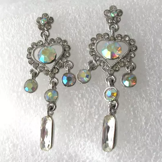 Vintage Irridescent Rhinestone Silvertone Heart Earrings Long Dangle Pierced Ear