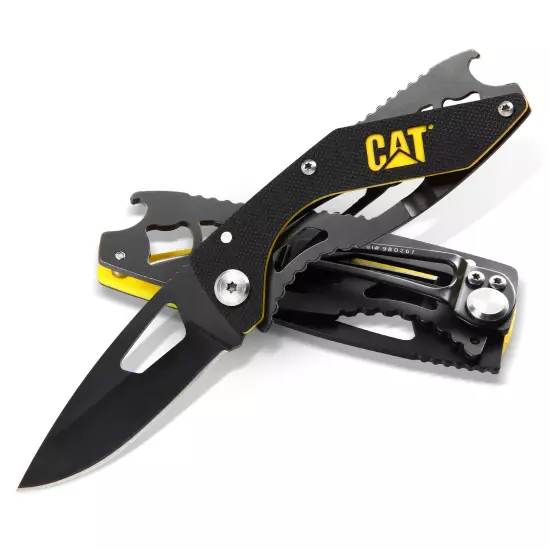 Cat 6-1/4 Inch Folding Skeleton Knife with Bottle Opener and Black Blade -