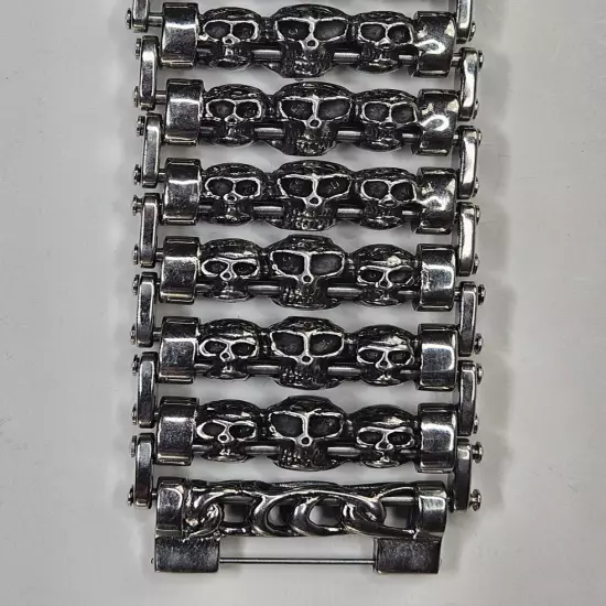 Men Silver Stainless Steel Bracelet Skull Chain Link Biker Goth 8.5"L x 1.25"W