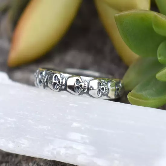 Skull Ring- Skull Eternity Band, Day of the Dead Ring, Halloween Ring, Silver Sk