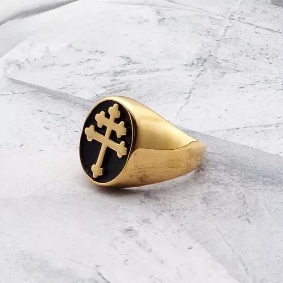 Stainless Steel Men's Cross of Lorraine Ring Knights Templar Crusader Jewelry