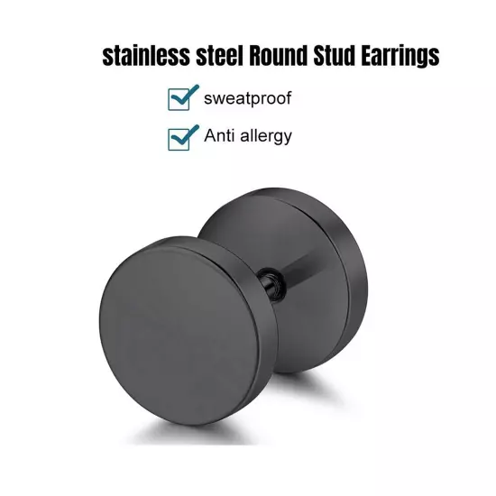 Pair Flat Round Barbell Plug Stud Earrings Surgical Stainless Steel Mens Unisex