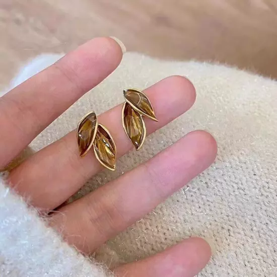 Vintage Enamel Brown Fallen Leaves Stud Earrings For Women Girls Fashion Korean