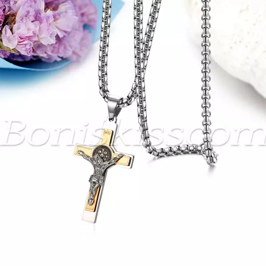 Mens Stainless Steel Saint St Benedict Jesus Crucifix Cross Pendant Necklace 22"