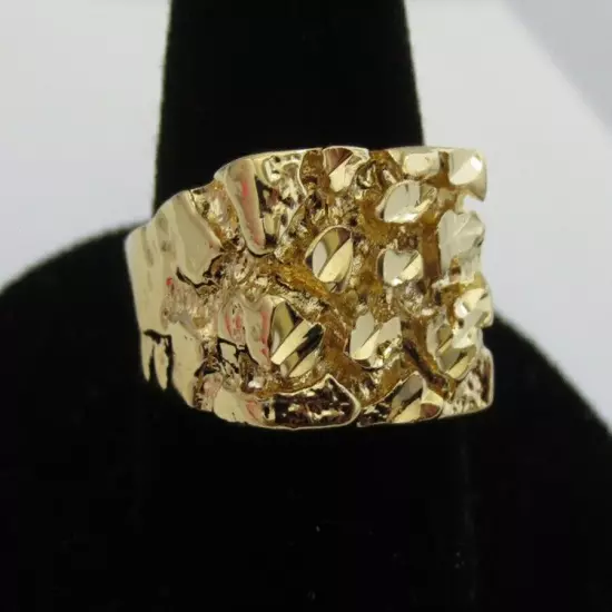 MENS 14 KT GOLD PLATED DESIGNER NUGGET #1, SQUARED OFF RING SIZES 5-13