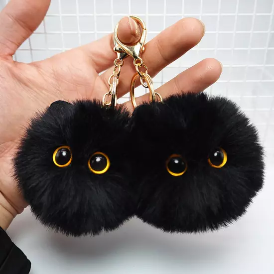 1Pc Fashion Ornaments Plush Keychain Schoolbag Pendant Cat Ball Black Cute