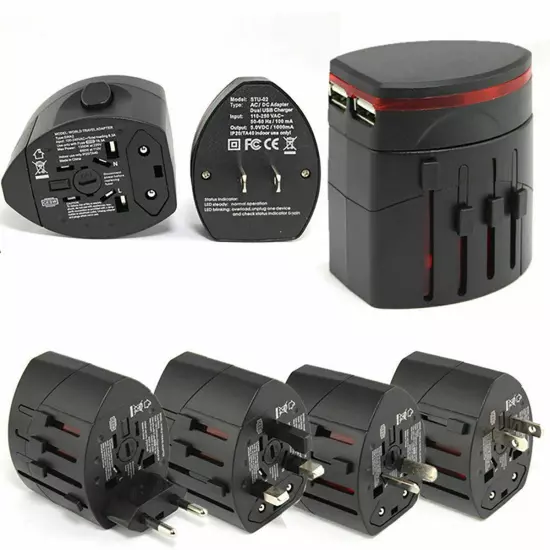 World Wide Travel Adapter UK EU AU US Universal Multi Plugs Charger 2 USB Ports