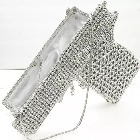 XL Gun Luxury Evening bag crystal purse clutch evening party purse Silver