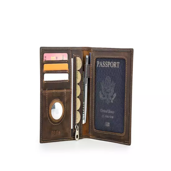 Genuine Leather RFID Coin Pen Passport Holder Bag Wallet AirTag Card Slot Travel