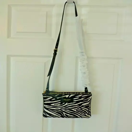 Jimmy Choo NWT Candice Double Pouch Nylon Zebra Logo Print Crossbody Bag $535