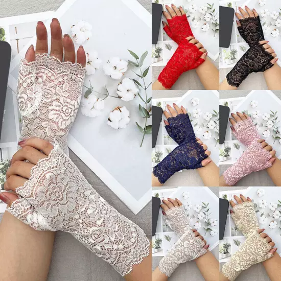 Women Short Lace Sheer Gloves Gothic Fancy Dress Party Ladies Fingerless Mittens