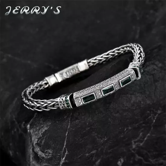 5.5MM Real 925 Sterling Silver Foxtail Chain Bracelet Mens Vintage CZ Jewelry