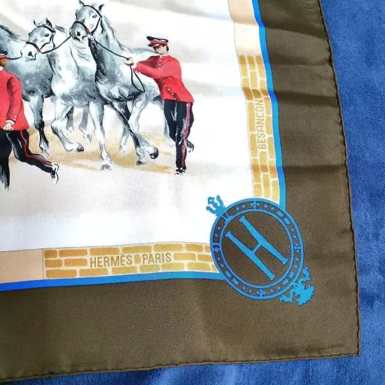 HERMÈS Scarf Carres 90 Brown Blue Silk Horse Pattern Women France