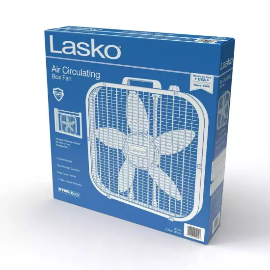 Lasko 20" Classic Box Fan with Weather-Resistant Motor, 3 Speeds, 22.5" H, White