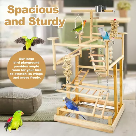 Natural Wood Bird Playground Parrot Playstand Removable Tray 4 Stainless Steel