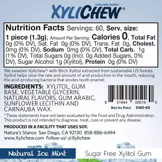 Xylichew 100% Xylitol Chewing Gum, Non-GMO, Non-Aspartame, Gluten & Sugar-Free