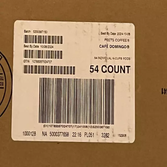 54-Ct Peet's Coffee Medium Roast K-Cup Pods Cafe Domingo BB 10/24