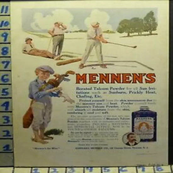 1912 MENNEN GOLF BALL CLUB ART TALCUM CADDY GAME SPORT CHILD VINTAGE AD I75