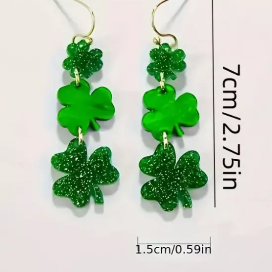 Three Green Shamrocks Resin Dangle Earrings w/gold tone hooks