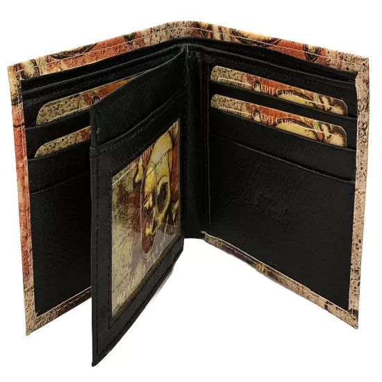 Skull & Crossbones Men's Wallet Bi-Fold Faux Leather 6 Credit Card Slots & Flap