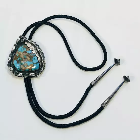 Vtg Bennett Silver Turquoise BOLO TIE w/ Leaf + Aiguillettes C-31 Pat. Pend.