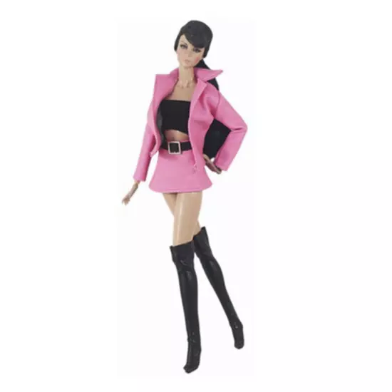 Hot Pink Leather 1/6 Doll Clothes Outfits Coat Jacket Tank Top Boots Skirt 11.5"