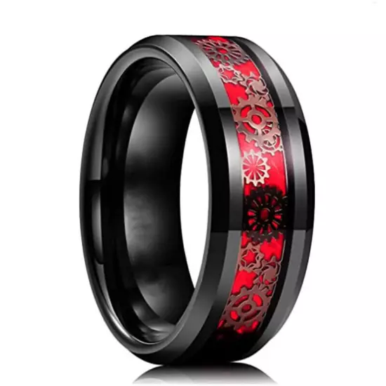 Mens Tungsten Carbide Ring Wood Inlay Beveled edge Wedding Band Ring Size 6-8 +