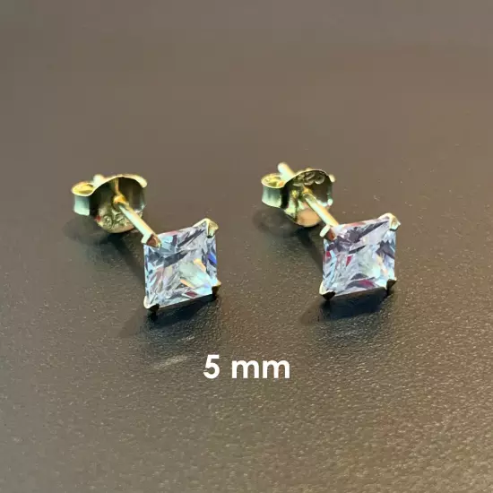 925 Sterling Silver Gold-Plated Square Cubic Zirconia Clear CZ Stud Earrings