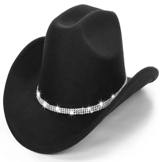 Classic Felt-Western-Cowboy-Cowgirl-Hats for Women Large Black With Rhinestone