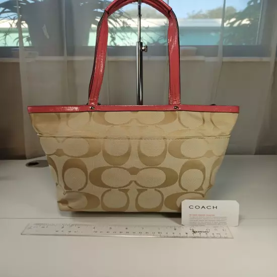 Coach Shopper Medium Pink Khaki Tote Purse Signature Stripe Canvas Patent Leathe