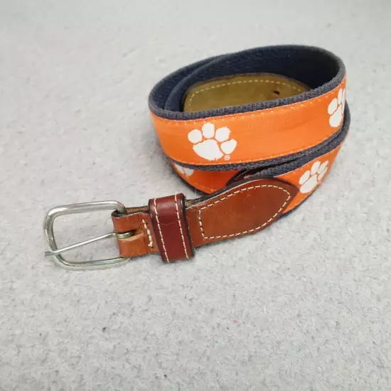 Clemson Tigers Belt Size 30 Tiger Paw Orange Web Leather Trim Nickel Buckle Mens