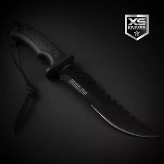 Tactical BLACK Combat BOWIE Survival FIRE STARTER Hunting Fixed Blade Knife 12"