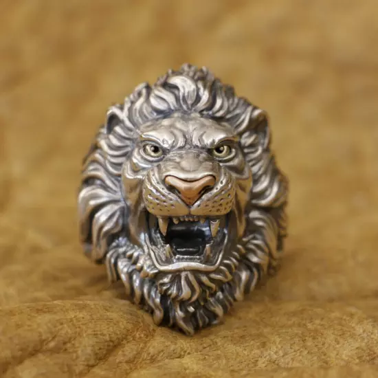 Brass Eyes Copper Nose 925 Sterling Silver King of Lion Ring TA432A US 12