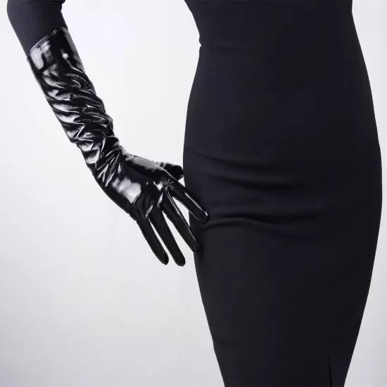 LATEX GLOVES Shine Leather Faux Patent Vegan PU 8" 21cm Short Basic Shine Black