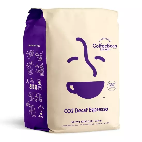 CO2 Decaf Espresso Coffee, Dark Roast, Whole Bean, 5-Pound Bag